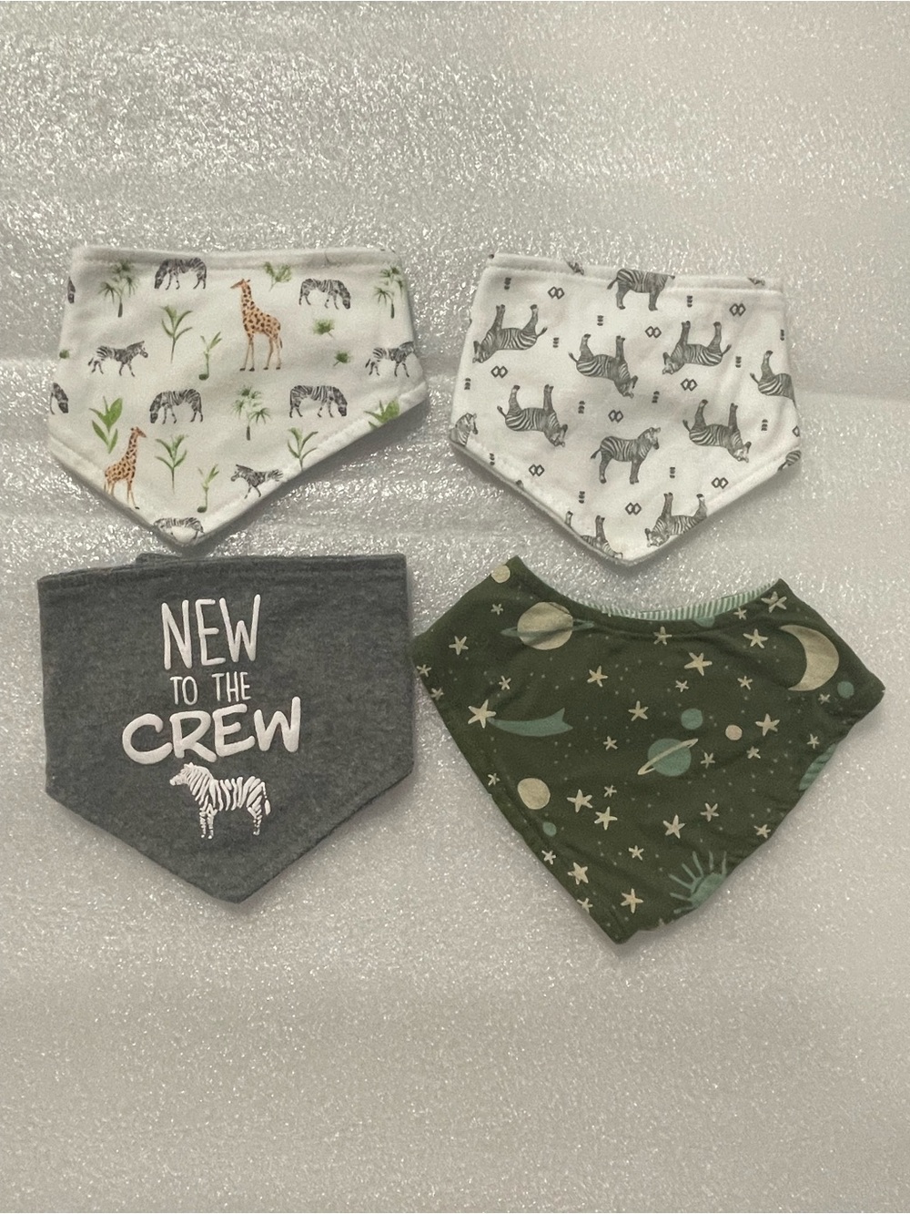 4-Pack Baby Bandana Bibs in Green, Gray & White Safari and Space Prints